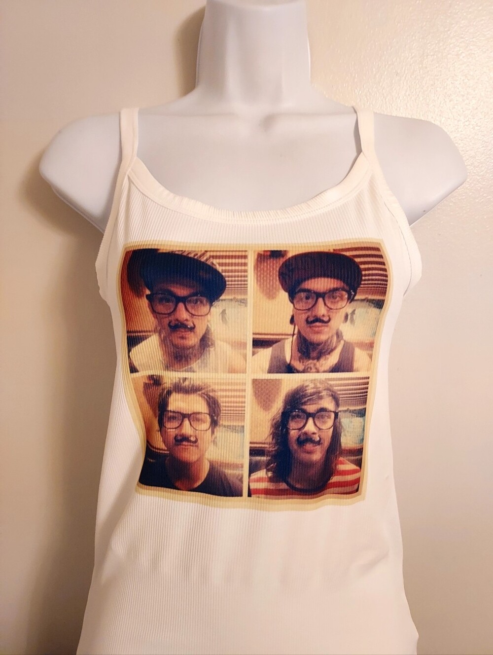 Pierce the veil tank top silly  fake mustache disguise collide with the sky  tan